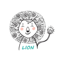 T-shirt print design for kids fashion with Cute Floral Lion. Hand drawn doodle Lion Head with Flower Mane. Summer card. Cartoon Animal vector illustration. Print or Poster for Children