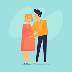 Pregnant wife Happy couple. Flat design vector illustration.