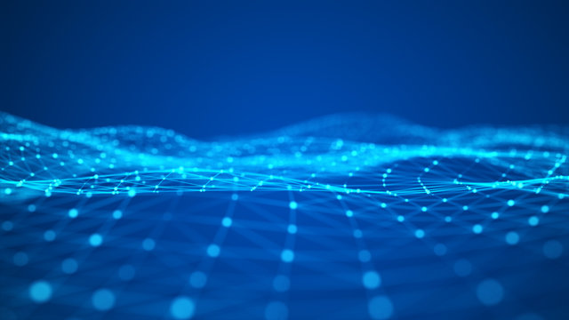 Wave of particles. Futuristic blue dots background with a dynamic wave. Big data. 3d rendering.