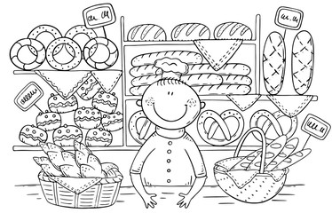 Cartoon baker selling bread and buns at the bakery, coloring page