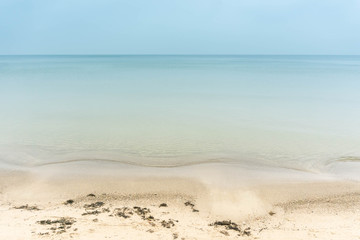 Fototapeta na wymiar Transparent blue sea water over sandy beach and sea vegetation thrown ashore