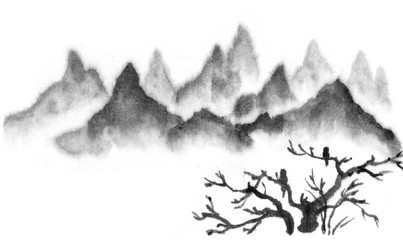 Background with mountains. Ink mountain landscape. Mountains in the fog. Trees on the mountain. Ink image. Pine trees. blue