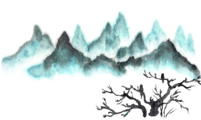 Background with mountains. Ink mountain landscape. Mountains in the fog. Trees on the mountain. Ink image. Pine trees. blue