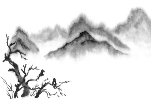 Background with mountains. Ink mountain landscape. Mountains in the fog. Trees on the mountain. Ink image. Pine trees. blue
