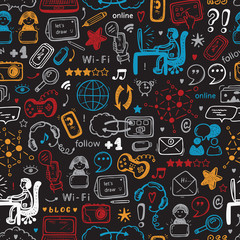 Hand drawn Doodle Cloud Computing Technology and Social Media Icons Vector Seamless pattern. Internet of Things Background.
