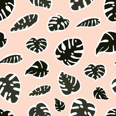 Seamless pattern with tropical green monstera leaves stickers paper cut mosaic. Botany greenery floral spring summer leaves. Vector illustration in hand drawn cartoon flat style