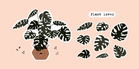 Set of cute tropical monstera plant in pot monstera leaves isolated on light background premade stickers. Colored trendy vector illustration in hand drawn flat cartoon style