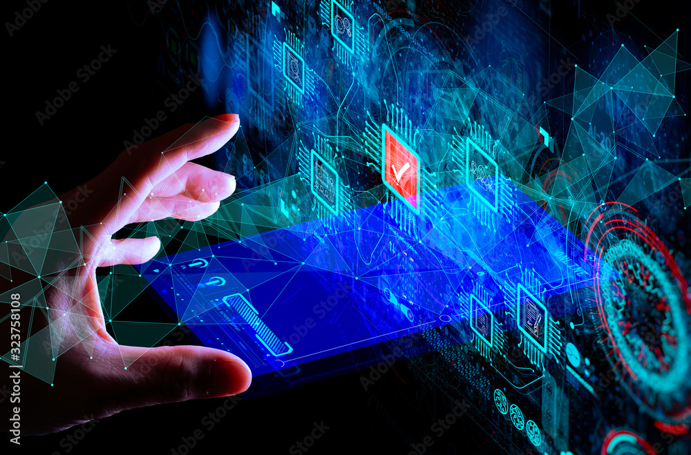 Aufkleber Hand touching with Data Management System (DMS) and Business Analytics concept with servers connected to dashboard.