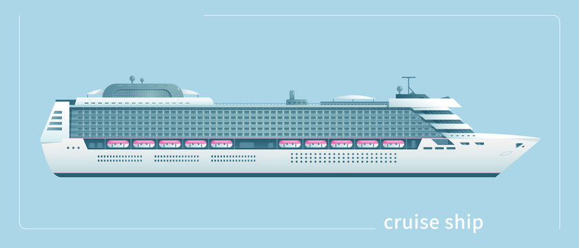 The vector illustration of a white cruise ship is isolated on a blue background.