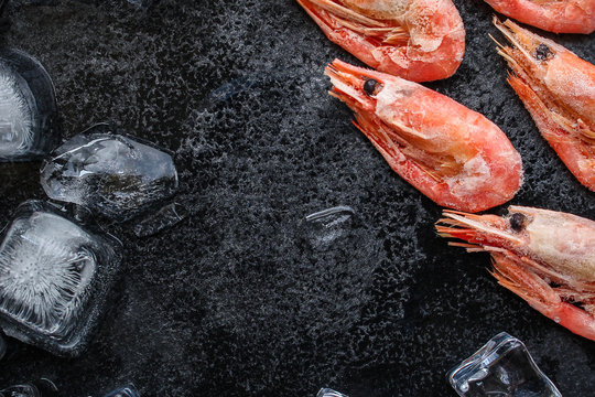 shrimp boiled frozen (long-term seafood products) menu concept. background. top view. copy space