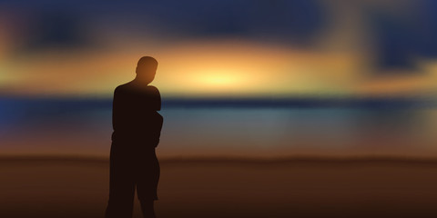 romantic couple in love looking at magic sunset on the beach vector illustration EPS10