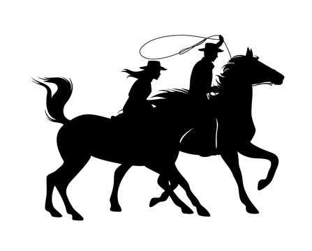cowboy and cowgirl riding horses and throwing lasso - wild west adventure theme black and white vector silhouette design