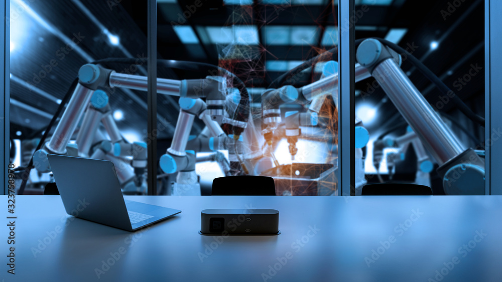 Poster Factory Industrial Engineer control room office with automation robot arms machine in intelligent factory industrial on real time monitoring system software.Digital future manufacture.