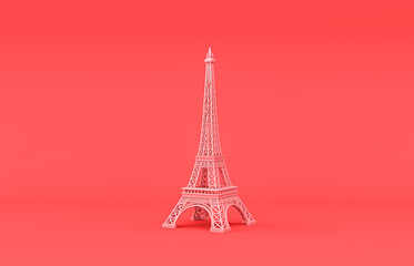 Fototapeta na wymiar Mini Eiffel Tower, single room accessory in monochrome pink background, 3d rendering