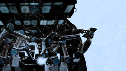 Double explosure of Factory Female Industrial manager Engineer looking at automation robot arms machine in factory industrial on real time monitoring system software.