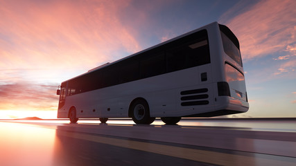 Touristic bus on highway. Transport and travel concept. 3d rendering