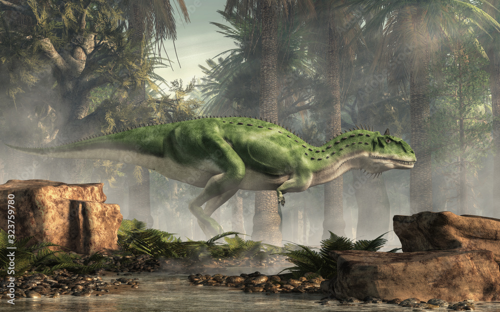 Poster majungasaurus was a carnivorous theropod dinosaur that lived in cretaceous era madagascar. here a gr