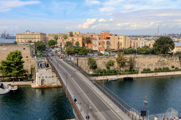 Overview of the Bridge of San Francesco di Paola, commonly called Ponte Girevole (Swing Bridge) without any car in Taranto, Puglia, Italy