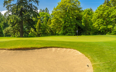Golf course with gorgeous green and sand bunker