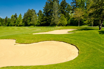 Sand bunker on the golf course with green grass and trees over blue sky.