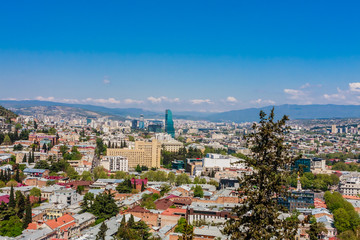 Panoramic view of Tbilisi city from Sololaki Hill, old town and modern architecture.  Georgia