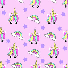 Unicorn seamless pattern with pastel pink background. Kids cute happy cartoon with unicorn face, rainbow, stars for baby clothes, nursery art. Vector illustration.