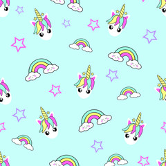 Unicorn seamless pattern with pastel blue background. Kids cute happy cartoon with unicorn face, rainbow, stars for baby clothes, nursery art. Vector illustration.