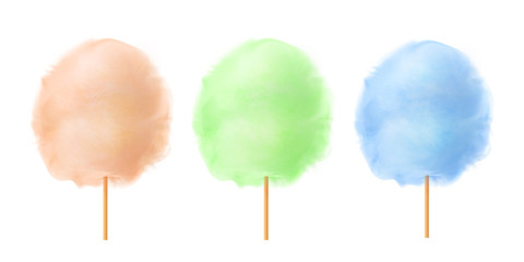 Cotton candy set. Realistic orange, green, blue cotton candies on wooden sticks. Summer tasty and sweet snack for children. 3d vector realistic illustration isolated on white background