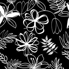 Vector seamless pattern  with abstract flowers, leaves on dark background