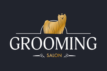 Vector logo for pet styling and grooming shop, hair salon, pet store  signboard for dogs, web site design. Horizontal illustration with golden yorkshire terrier and scissors on black background.