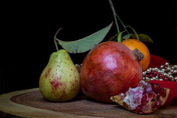 Close up photo fresh fruits on wooden background with copy space
