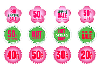 Set of spring stickers in form of sakura flower and leaves. Vector elements for 50%, 40%, 30%, 20% discount tags, promotion stickers, lables, flyer, banner, button and poster design.