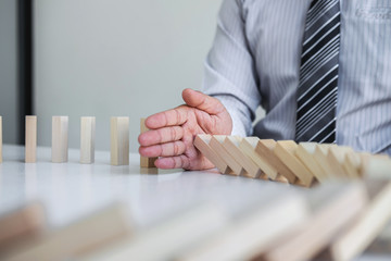 Planning Risk and Strategy in Business, Image of hand Businessman stopping and protection for...