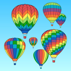 Set of Air Balloon Icons on Blue Sky with Clouds