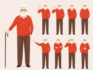Handsome senior man in casual outfit set with different gestures isolated vector illustration