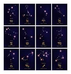 Zodiac constellation vector illustrations set. Astrological symbols on dark blue starry background. Horoscope signs banner templates collection. Astrology calendar. Virgo, gemini, scorpio, leo signs