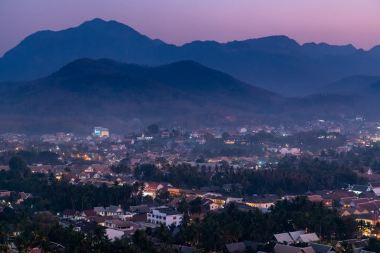 Viewpoint of Luang Prabang city at Phusi hill with Mekong River and twilight sky, Luang Prabang, Laos
