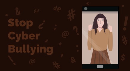 Female victim of bullying, girl locked in smartphone, stop cyber harassment vector concept