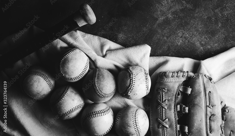 Poster baseballs with glove and bat flat lay, grunge style sports concept in black and white. - Posters