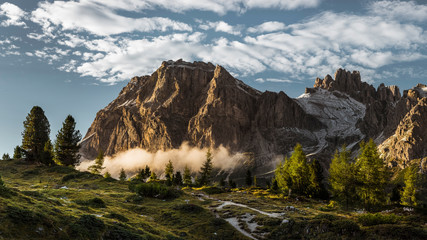 Lagazuoi mount at sunset from the lake of Limedes, Falzarego, dolomites, Cortina d'Ampezzo, Veneto, Italy, Europe