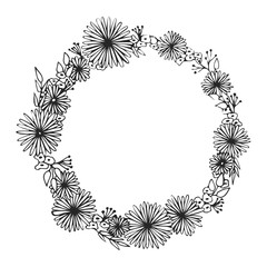 Floral frame. Spring blossom. Vector linear hand drawn illustration. Flowers in circle. Black and white doodle 