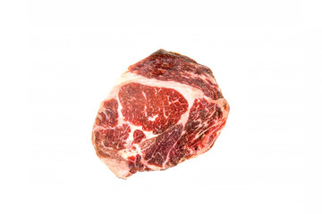 Top view of Raw beef rib eye steak on the  white background.