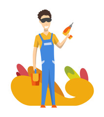 Foreman or worker for building construction. Vector isolated character. Man wearing uniform and using screwdriver for her job