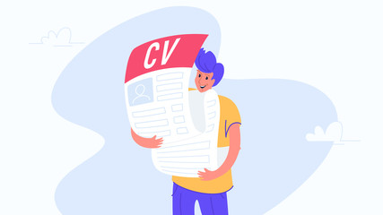 Happy smiling man hugging big cv fulfilled form to hr
