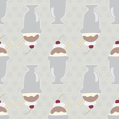 Vector Ice Cream Sundaes on Light Pastel Green Background. Seamless Repeat Pattern. Background for textiles, cards, manufacturing, wallpapers, print, gift wrap and scrapbooking.