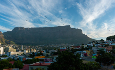 Fototapeta na wymiar View to Table Mountain in a cloudy day from Bo-Kaap or Malay Quarter district. Wallpaper concept . Horizontal photo.