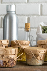 Vegetables and groceries in the kitchen. Storage in ecological friendly dishes, concept of zero waste and no plastic