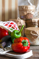 Vegetables and groceries in the kitchen. Storage in ecological friendly dishes, concept of zero waste and no plastic