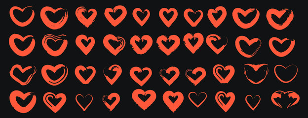 Drawn brush scribble hearts set. Universal basic design red and grey. Vector illustration. 