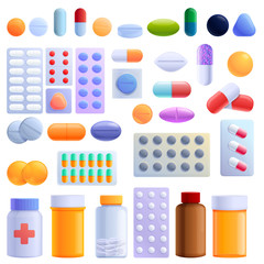 Pill icons set. Cartoon set of pill vector icons for web design